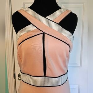 Alt B. Pink Halter Dress with Striped Trim Keyhole Top and Tulip Hem Sz L NWT